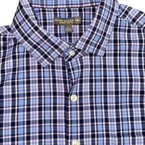Peter Millar Men's Large Navy and Lavender Check Shirt in Excellent Condition!